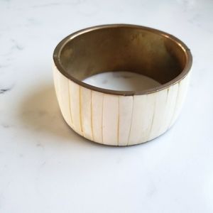 Vintage boho brass and mother of pearl inlay wide bangle bracelet
